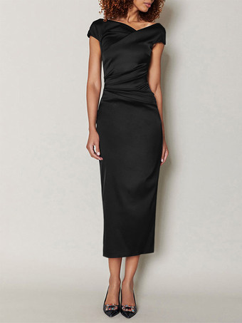 ブラックマザードレス デザインネックライン 半袖 Aライン プリーツ ティーレングス ウェディングゲストドレス