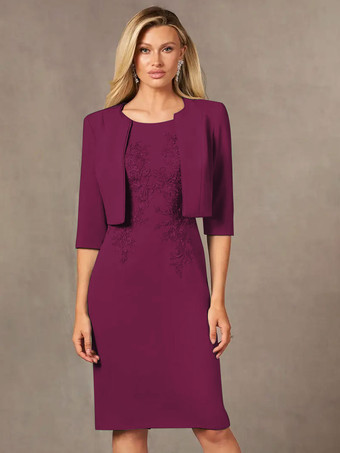 プラム花嫁の母親のためのパーティードレス ジュエルネック ノースリーブ ショート レース 膝丈 ウェディングゲストドレス