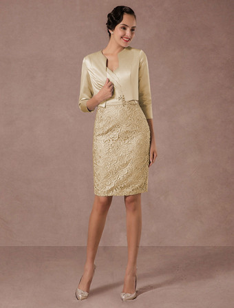 シャンパン結婚式 母親ドレス レース パステルブルー ミセスドレス フォーマル ウェディングパーティードレス タイト 七分袖 お呼ばれ 謝恩会 成人式 二次会 特別なネックライン カクテルドレス ひざ丈 バックレス ビーズ ウェディング