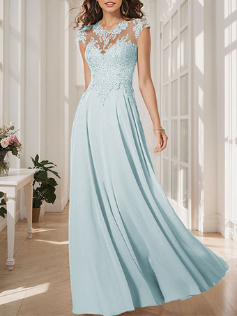 ベビーブルー花嫁の母親のためのパーティードレス ジュエルネック ロングスリーブ フロアレングス Aライン ゲストドレス 結婚式用