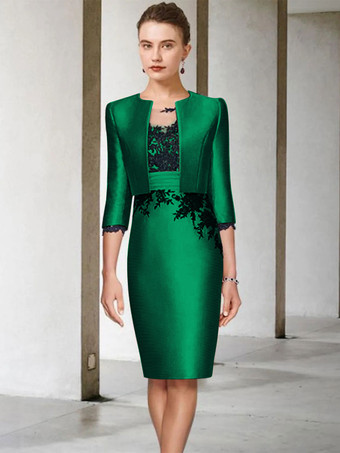 ダークグリーンブライダルマザードレス ジュエルネック ハーフスリーブ シースレース 膝丈 ゲストドレス 結婚式用 無料カスタマイズ