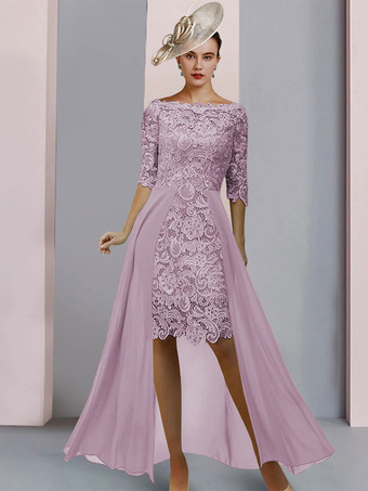 ラベンダーマザードレスジュエルネックハーフスリーブシースレースゲストドレス結婚式用無料カスタマイズ