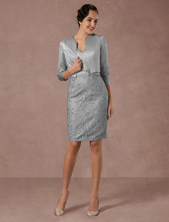 グレイ結婚式 母親ドレス レース パステルブルー ミセスドレス フォーマル ウェディングパーティードレス タイト 七分袖 お呼ばれ 謝恩会 成人式 二次会 特別なネックライン カクテルドレス ひざ丈 バックレス ビーズ ウェディング