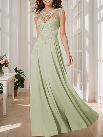 パステルグリーン花嫁の母親のためのパーティードレス ジュエルネック ロングスリーブ フロアレングス Aライン ゲストドレス 結婚式用