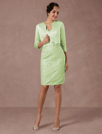 パステルグリーン結婚式 母親ドレス レース パステルブルー ミセスドレス フォーマル ウェディングパーティードレス タイト 七分袖 お呼ばれ 謝恩会 成人式 二次会 特別なネックライン カクテルドレス ひざ丈 バックレス ビーズ ウェディング