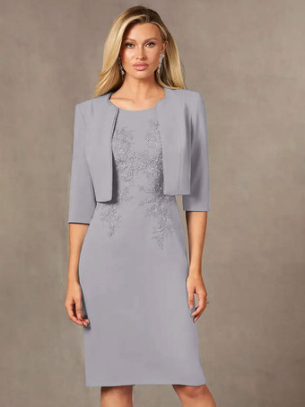 スレートグレー 花嫁の母親のためのパーティードレス ジュエルネック ノースリーブ ショート レース 膝丈 ウェディングゲストドレス