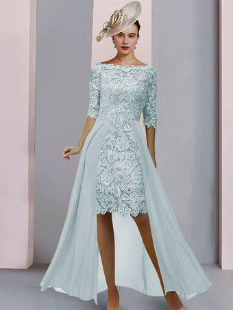 ベビーブルーマザードレスジュエルネックハーフスリーブシースレースゲストドレス結婚式用無料カスタマイズ