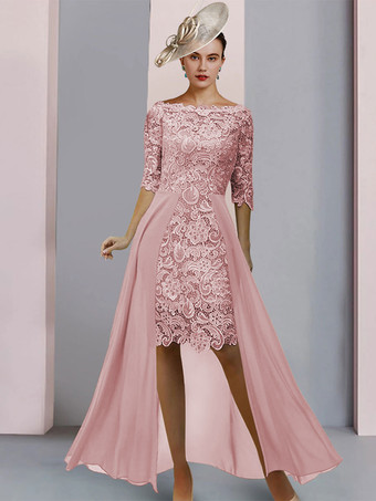 カメオピンクマザードレスジュエルネックハーフスリーブシースレースゲストドレス結婚式用無料カスタマイズ