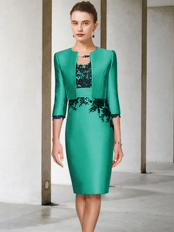 ターコイズグリーンブライダルマザードレス ジュエルネック ハーフスリーブ シースレース 膝丈 ゲストドレス 結婚式用 無料カスタマイズ