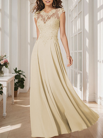 シャンパン花嫁の母親のためのパーティードレス ジュエルネック ロングスリーブ フロアレングス Aライン ゲストドレス 結婚式用