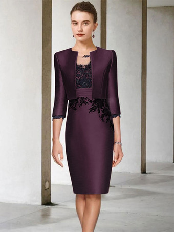 プラムブライダルマザードレス ジュエルネック ハーフスリーブ シースレース 膝丈 ゲストドレス 結婚式用 無料カスタマイズ