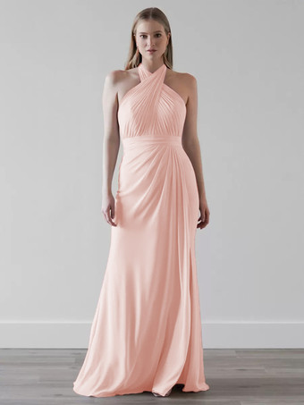 ピンクブライズメイドドレス シフォン マーメイド フロアレングス ウェディング パーティードレス