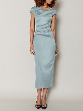 ベビーブルーマザードレス デザインネックライン 半袖 Aライン プリーツ ティーレングス ウェディングゲストドレス