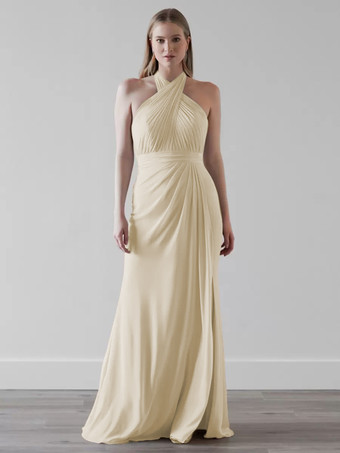 シャンパンブライズメイドドレス シフォン マーメイド フロアレングス ウェディング パーティードレス