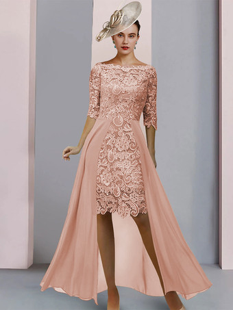 サーモンピンクマザードレスジュエルネックハーフスリーブシースレースゲストドレス結婚式用無料カスタマイズ