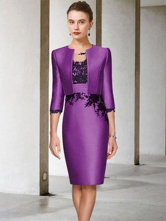 ラベンダーブライダルマザードレス ジュエルネック ハーフスリーブ シースレース 膝丈 ゲストドレス 結婚式用 無料カスタマイズ