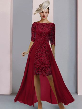 バーガンディーマザードレスジュエルネックハーフスリーブシースレースゲストドレス結婚式用無料カスタマイズ