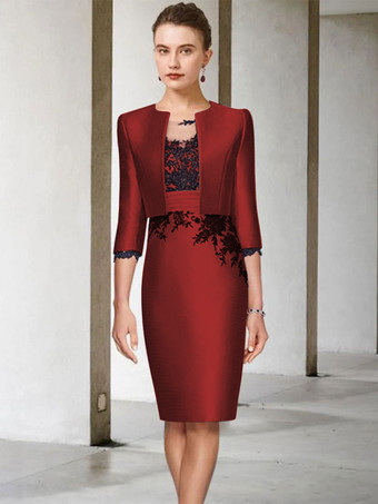 バーガンディーブライダルマザードレス ジュエルネック ハーフスリーブ シースレース 膝丈 ゲストドレス 結婚式用 無料カスタマイズ