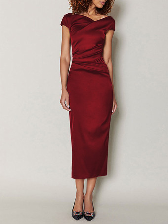 バーガンディーマザードレス デザインネックライン 半袖 Aライン プリーツ ティーレングス ウェディングゲストドレス