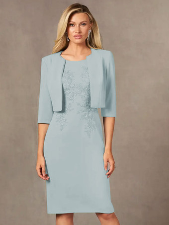 ベビーブルー花嫁の母親のためのパーティードレス ジュエルネック ノースリーブ ショート レース 膝丈 ウェディングゲストドレス