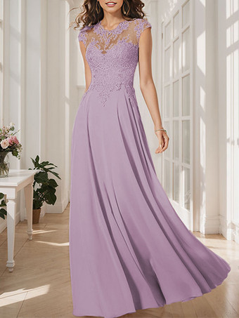 ラベンダー花嫁の母親のためのパーティードレス ジュエルネック ロングスリーブ フロアレングス Aライン ゲストドレス 結婚式用