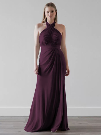 プラムブライズメイドドレス シフォン マーメイド フロアレングス ウェディング パーティードレス