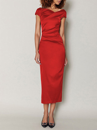 レッド マザードレス デザインネックライン 半袖 Aライン プリーツ ティーレングス ウェディングゲストドレス