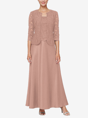 サーモンピンクブライダルマザードレス スクエアネック 長袖 Aライン レース ゲストドレス 結婚式用