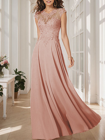 サーモンピンク花嫁の母親のためのパーティードレス ジュエルネック ロングスリーブ フロアレングス Aライン ゲストドレス 結婚式用