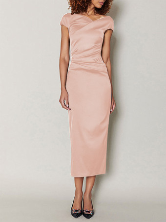 ソフトピンクマザードレス デザインネックライン 半袖 Aライン プリーツ ティーレングス ウェディングゲストドレス