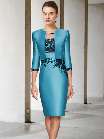 ティールブライダルマザードレス ジュエルネック ハーフスリーブ シースレース 膝丈 ゲストドレス 結婚式用 無料カスタマイズ