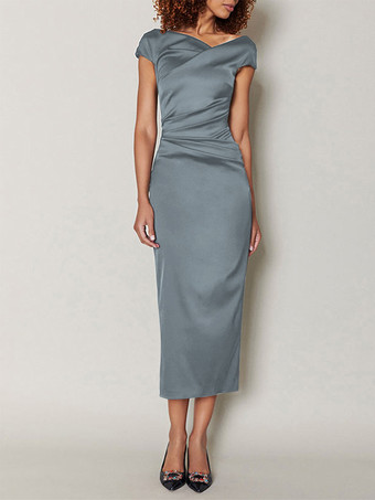 スレートグレー マザードレス デザインネックライン 半袖 Aライン プリーツ ティーレングス ウェディングゲストドレス