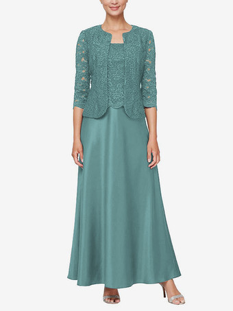 ターコイズグリーンブライダルマザードレス スクエアネック 長袖 Aライン レース ゲストドレス 結婚式用