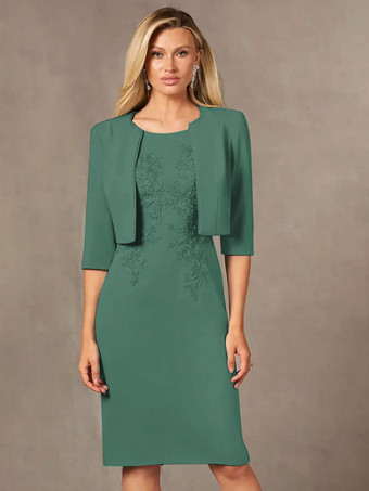 ターコイズグリーン花嫁の母親のためのパーティードレス ジュエルネック ノースリーブ ショート レース 膝丈 ウェディングゲストドレス