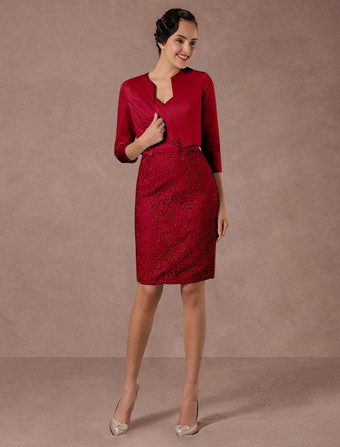 ルビーレッド結婚式 母親ドレス レース パステルブルー ミセスドレス フォーマル ウェディングパーティードレス タイト 七分袖 お呼ばれ 謝恩会 成人式 二次会 特別なネックライン カクテルドレス ひざ丈 バックレス ビーズ ウェディング