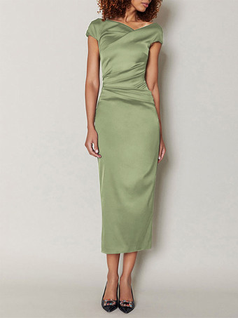 セージグリーンマザードレス デザインネックライン 半袖 Aライン プリーツ ティーレングス ウェディングゲストドレス