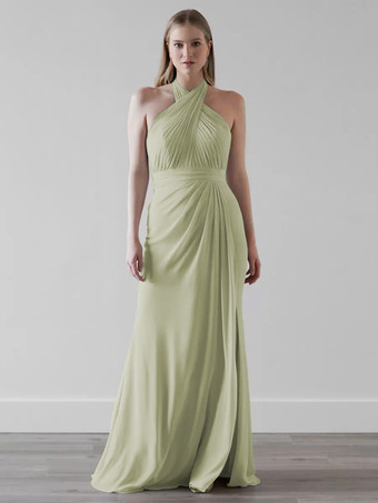 パステルグリーンブライズメイドドレス シフォン マーメイド フロアレングス ウェディング パーティードレス