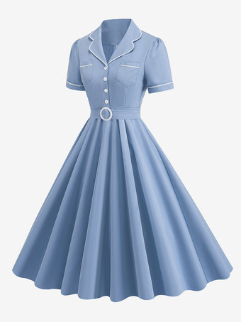 アクアティックドレス ボタン リングディテール 半袖 レトログラマー ミディドレス