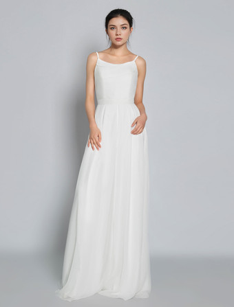 ブライダルジャンプスーツ シフォン フロアレングス ジャンプスーツ ジュエルネック ノースリーブ スパゲッティストラップ アイボリー
