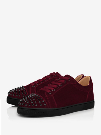 バーガンディーメンズ ブラック スエード ロートップ スニーカー フロントリベット レースアップシューズ