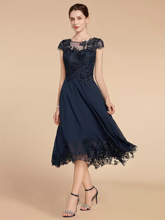花嫁の母親のためのパーティードレス ジュエルネック キャップスリーブ レース Aライン ティーレングス ウェディングゲストドレス