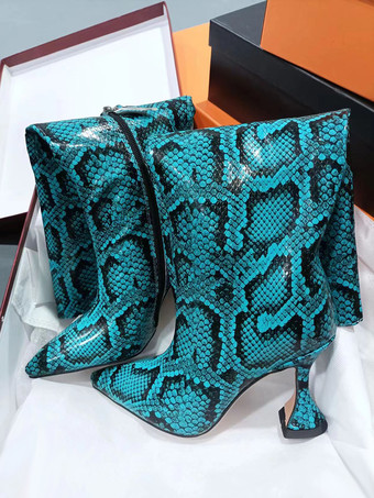 ブルー 女性ハイヒールブーツイエロースネークパターンポインテッドトゥデザインヒールミッドカーフブーツ