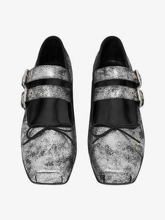 Ballerines pour femmes Suqare Toe Bow Buckle Détail Ballerines