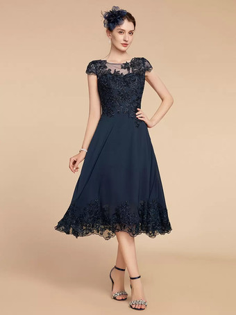 花嫁の母親のためのパーティードレス ジュエルネック キャップスリーブ レース Aライン ティーレングス ウェディングゲストドレス