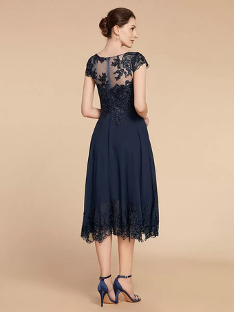 花嫁の母親のためのパーティードレス ジュエルネック キャップスリーブ レース Aライン ティーレングス ウェディングゲストドレス