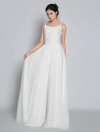 ブライダルジャンプスーツ シフォン フロアレングス ジャンプスーツ ジュエルネック ノースリーブ スパゲッティストラップ アイボリー
