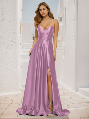 ライラックプロムドレス Aライン Vネック サテン生地 スイープ スプリットフロント 社交パーティードレス
