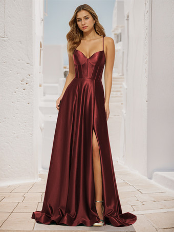 バーガンディープロムドレス Aライン Vネック サテン生地 スイープ スプリットフロント 社交パーティードレス