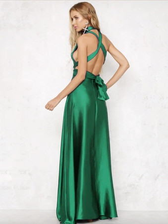 オープンバック マキシドレス ホルター プランジ クロスオーバー ウエスト プロムドレス