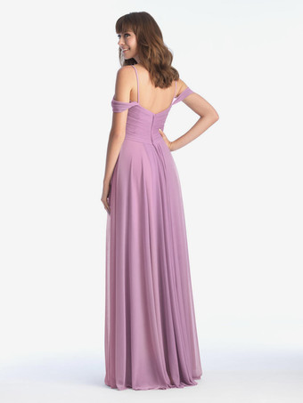 ブライズメイドドレス スウィートハートネックライン コールドショルダー ルーシュシフォン Aライン マキシドレス